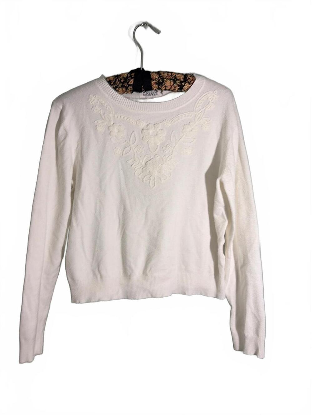 Molly Bracken Soft White Embroidered Floral Sweater - Size Large
